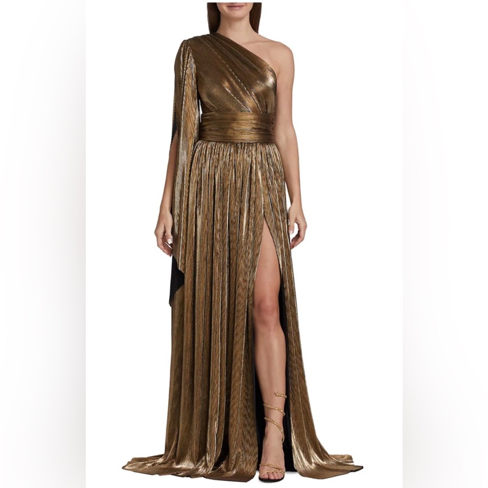 Bronx and Banco Florence one shoulder gold gown